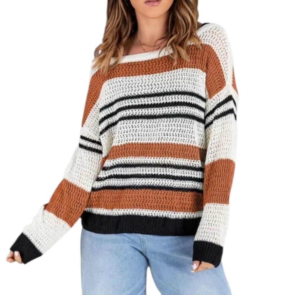 Grannycore Striped Open Knit Sweater Sz M Rust Cream Black Slouchy Lightweight